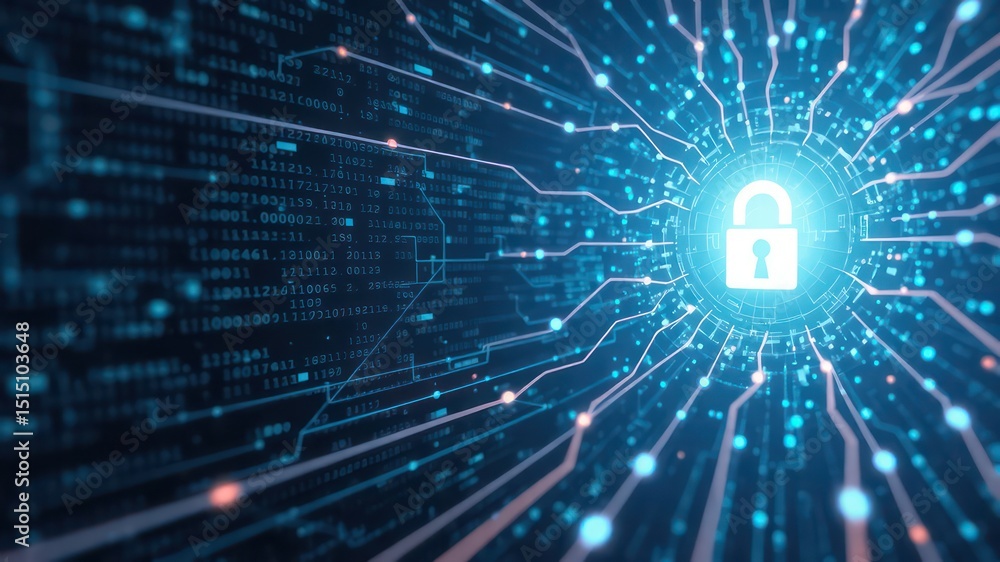 Obraz premium Digital Data Protection A Secure Padlock Surrounded by Complex Networks Illustrating Cybersecurity and Advanced Encryption Methods