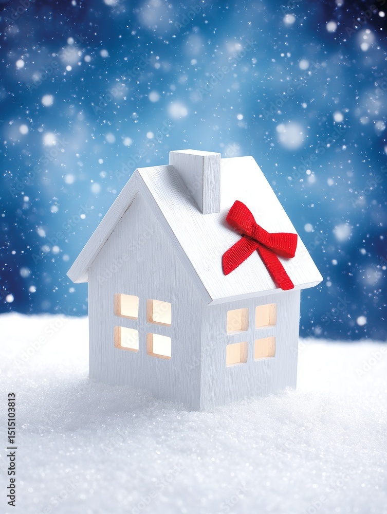 Fototapeta premium A Gift of Home Festive House Model in Winter Snow - Winter home, festive season, gift of home, cozy Christmas, snowy landscape. Symbolizing warmth, comfort, holiday cheer, new beginnings, and family