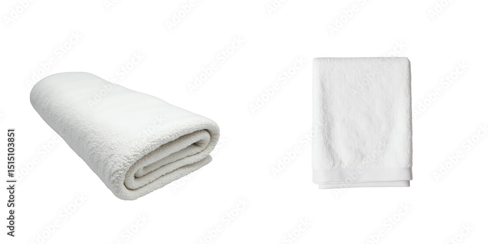 Rolled soft white towel on the left and neatly folded white bath towel on the right, both displayed against a solid transparent background highlighting their texture and design. Rolled soft white towel on the left and neatly folded white bath towel on the right, both displayed against a solid transparent background highlighting their texture and design.