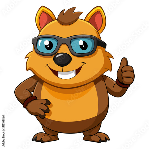 funny Wombat wearing sunglasses gives a smiling thumbs-up in a vibrant, detailed 3D cartoon render, showing approval