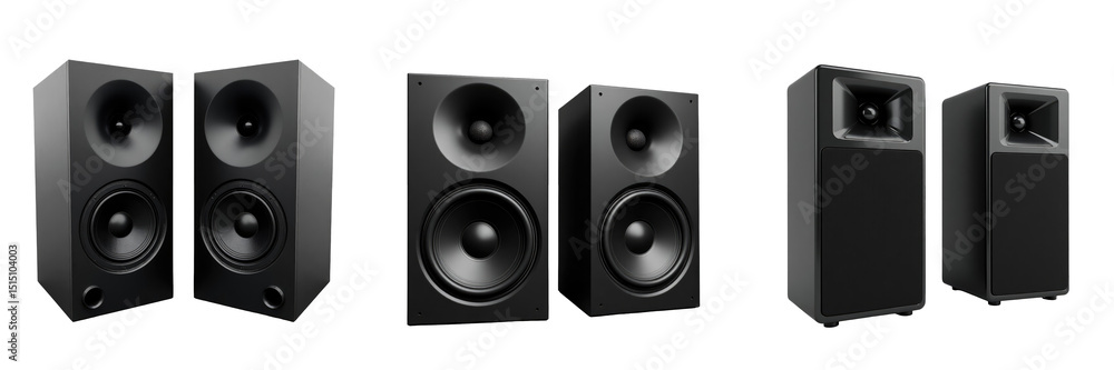 Collection of three distinct transparent speakers showcasing different designs and configurations, featuring large woofers and tweeters, against a sleek transparent background. Collection of three distinct transparent speakers showcasing different designs and configurations, featuring large woofers and tweeters, against a sleek transparent background.