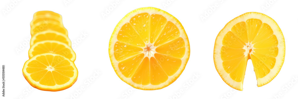 Sliced Lemon Segments Displayed Against transparent Background Showcasing Vibrant Yellow Color and Juicy Texture with a Variety of Cuts Including Whole and Circular Slices Sliced Lemon Segments Displayed Against transparent Background Showcasing Vibrant Yellow Color and Juicy Texture with a Variety of Cuts Including Whole and Circular Slices
