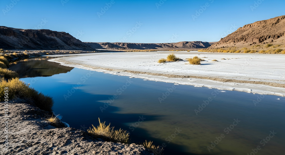 Fototapeta premium Dramatic Scenery Featuring a Serene River Flowing Through a Rocky Desert