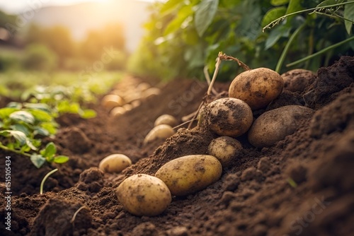 Freshly harvested potatoes in a lush farm field at sunset