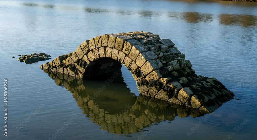 Fototapeta premium Arched Stone Bridge Remains Submerged In Calm Waters Scenic Landscape