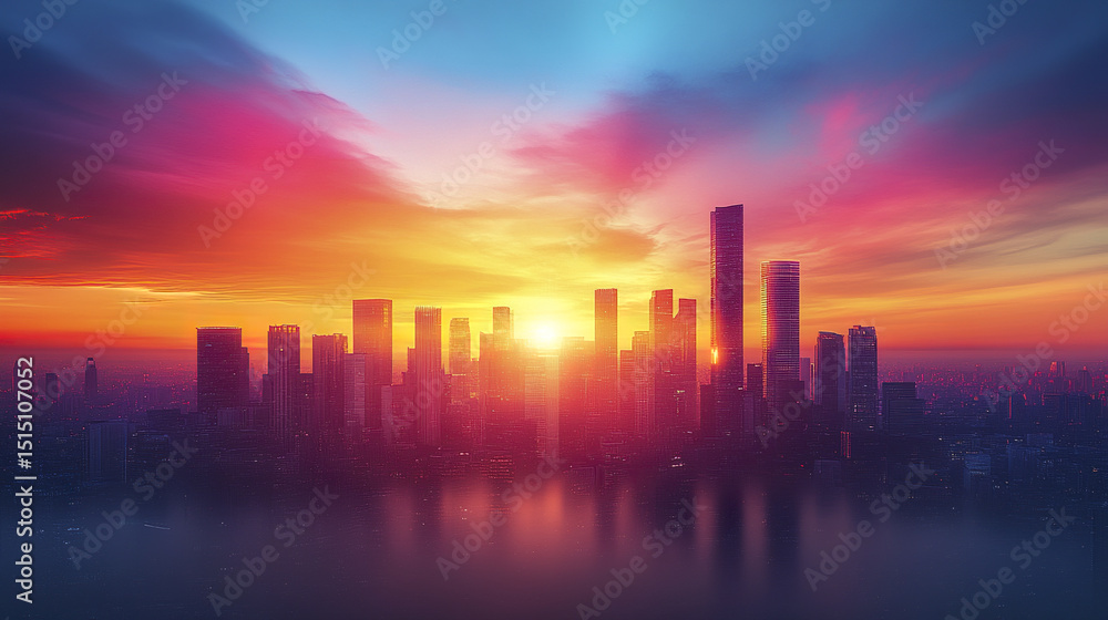 Fototapeta premium glowing futuristic city skyline at dramatic sunrise, showcasing vibrant colors and reflections