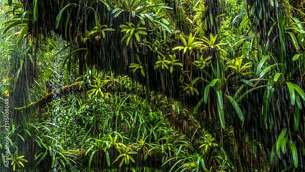 Lush rainforest plants background nature scene water droplets Lush rainforest plants background nature scene water droplets