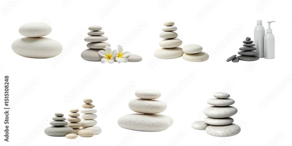 Collection of Serene Zen Stones and Natural Elements Featuring Balanced Stacks with Tropical Flowers and Bottles on a transparent Background Ideal for Wellness and Spa Themes Collection of Serene Zen Stones and Natural Elements Featuring Balanced Stacks with Tropical Flowers and Bottles on a transparent Background Ideal for Wellness and Spa Themes
