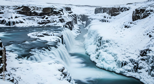 Majestic Waterfall Cascades Through Winter Landscape in Iceland