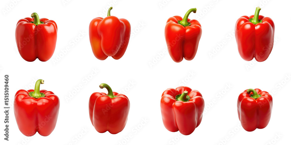 Nine Varieties of Red Bell Peppers on a transparent Background Displaying Different Shapes and Arrangements with Glossy Texture and Fresh Green Stems Highlighting Their Vibrant Color Nine Varieties of Red Bell Peppers on a transparent Background Displaying Different Shapes and Arrangements with Glossy Texture and Fresh Green Stems Highlighting Their Vibrant Color