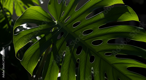 Monstera Deliciosa Leaf Illuminated By Sunlight Creating Abstract Pattern