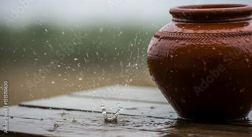 Earthenware Jar Under Rain Splashes Capturing Tranquility in Rainy Season