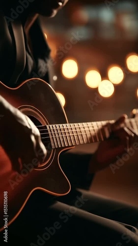 Musician's Hands Playing Acoustic Guitar in Soft Studio Light