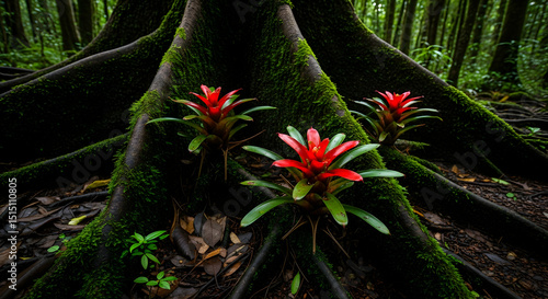 Bromeliads Flourishing On Ancient Tree Roots In Deep Tropical Forest