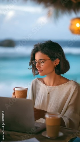 Remote work at a tropical beach café with iced coffee