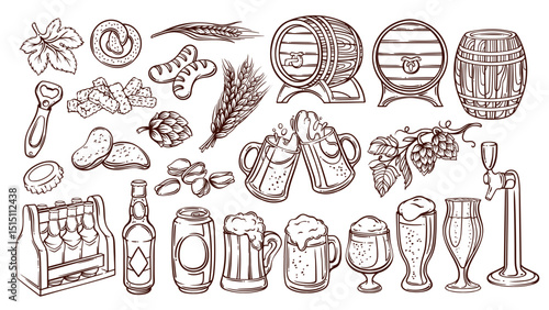 Beer pub menu and equipment line icons set. Outline hand drawn glass bottle and can, pint and froth. Oktoberfest, drunk bar party mascots, brewery and beer icons collection vector illustration