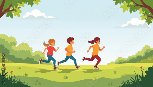 Kids happily running across a sunny lawn, joy of childhood
