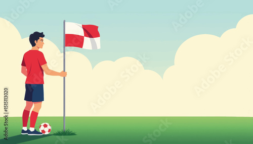 Linesman standing by corner flag on soccer field, sports officiating