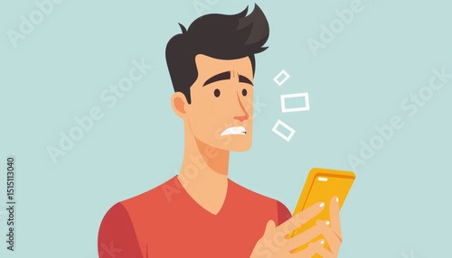 Man frowning at phone screen in flat vector illustration, digital frustration
