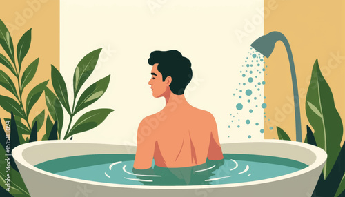 Man relaxing in herbal detox bath surrounded by greenery, self-care