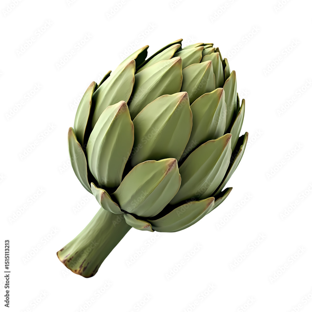 Fototapeta premium A single artichoke is shown with its green leaves and stem clearly visible isolated on transparent background