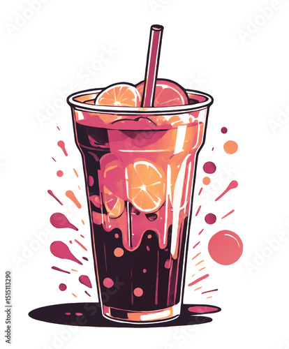 glass of a soft drink with oranges and straw vector illustration