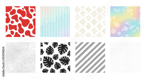 Collection of eight different abstract patterns including floral stripes and geometric designs displayed