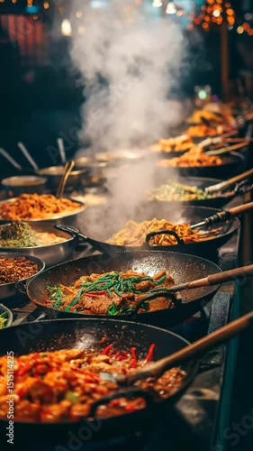 Vibrant street food scene with sizzling woks and colorful spices