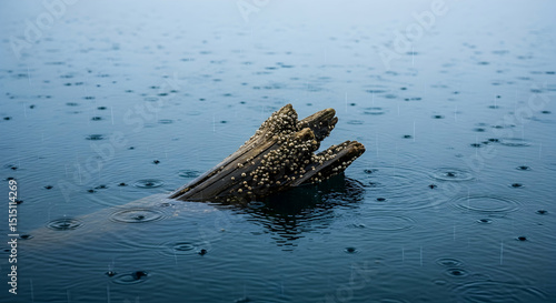 Submerged Timber Beckons Peace During a Gentle Rainfall on a Calm Lake