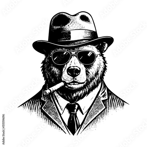 Grizzly bear wear top hat and smoking cigar engraving black and white outline. Scratch board imitation. illustrated in vintage line art style on a white background.