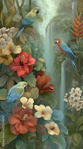 Vibrant Tropical Jungle Scene with Waterfall and Colorful Birds