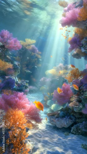 Vibrant Underwater Coral Reef Scene with Tropical Fish and Sunlight