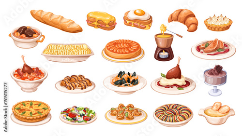 French cuisine, restaurant and homemade menu cartoon set. Plates with quiche Lorraine and tarte Tatin, ratatouille and escargots, croissant. French food mascots, cartoon collection vector illustration