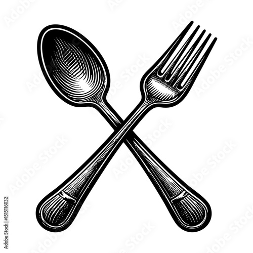 Fork and spoon engraving black and white outline. Scratch board imitation.  illustrated in vintage line art style on a white background.