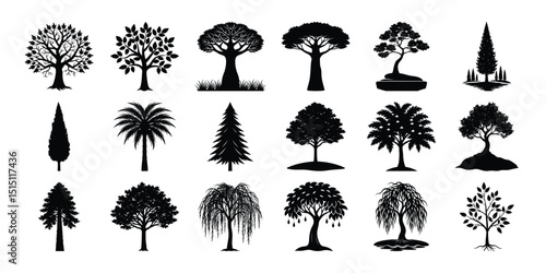 Tree silhouette vector set featuring pine oak palm acacia and bonsai trees perfect for nature scenes logo design poster art eco themes and landscape illustrations.