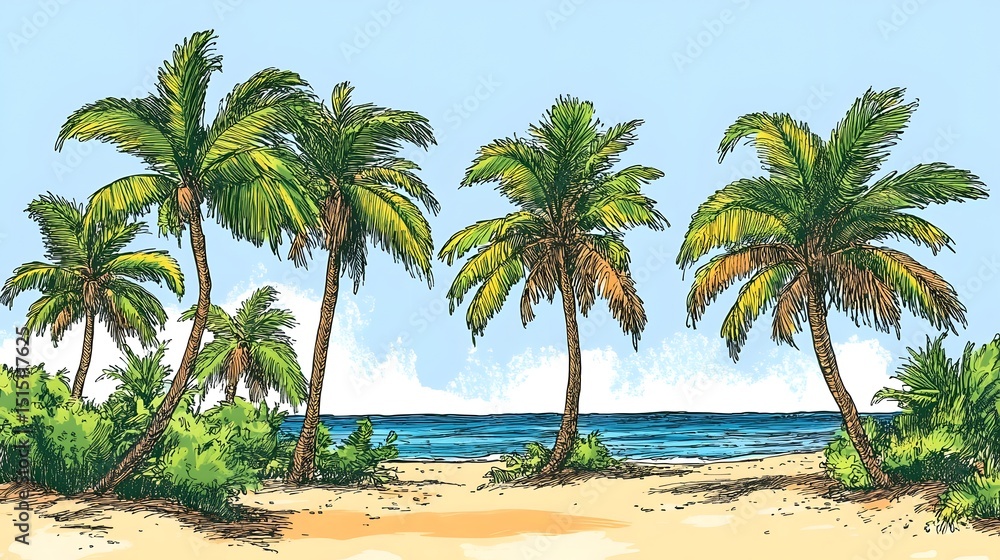 Obraz premium Tropical beach scene with palm trees.