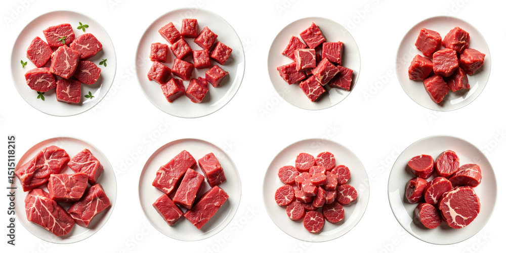 Variety of Raw Beef Cuts Displayed on Distinct White Plates Against a transparent Background, Showcasing Different Textures and Shapes of Meat Portions Variety of Raw Beef Cuts Displayed on Distinct White Plates Against a transparent Background, Showcasing Different Textures and Shapes of Meat Portions