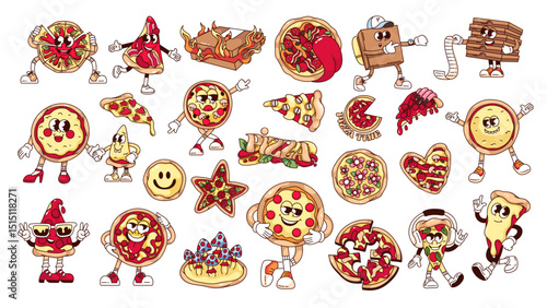 Groovy pizza stickers and cartoon characters set. Funny retro whole pizza and slices, snacks of different shapes. Fast food mascots, cartoon Italian restaurant badges of 70s 80s vector illustration
