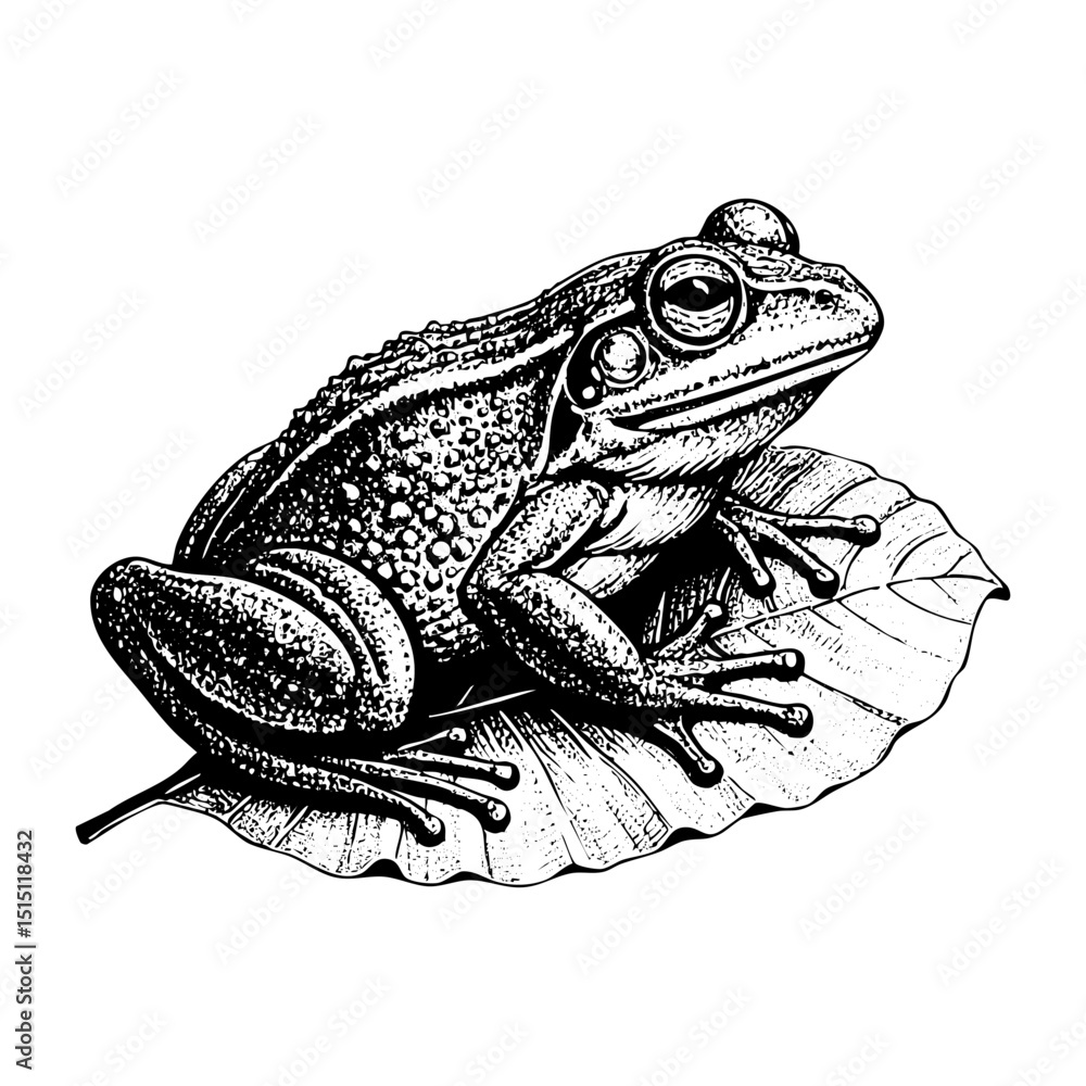 Naklejka premium Frog on leaf sketch engraving black and white outline. Scratch board imitation.
