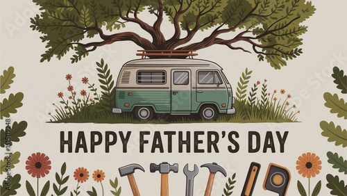 Happy father's day greeting with camper van and gardening tools illustration