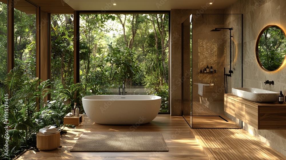 Fototapeta premium Modern bathroom with jungle view
