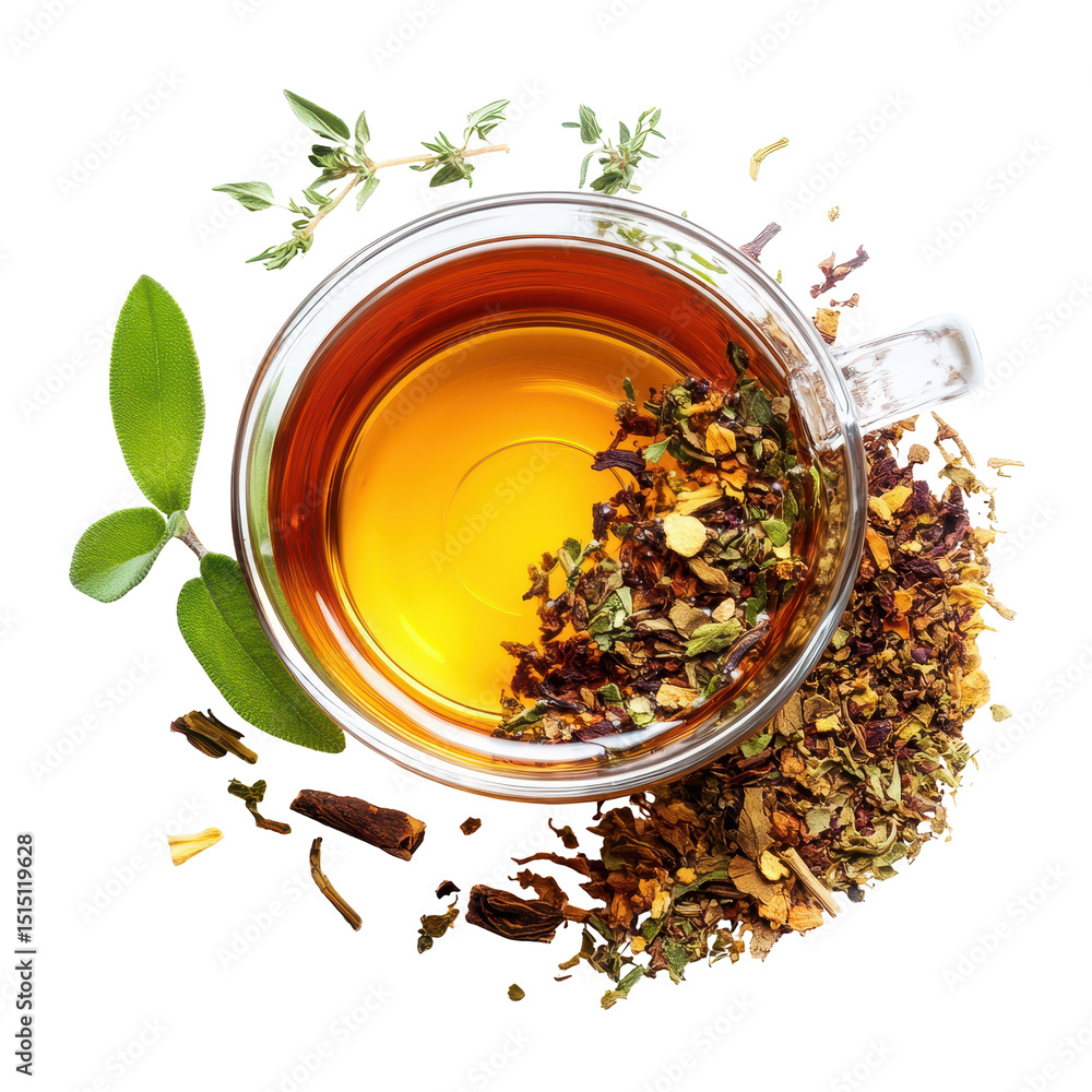 Fototapeta premium Herbal tea with assorted dried herbs and fresh leaves in a glass cup on a white background