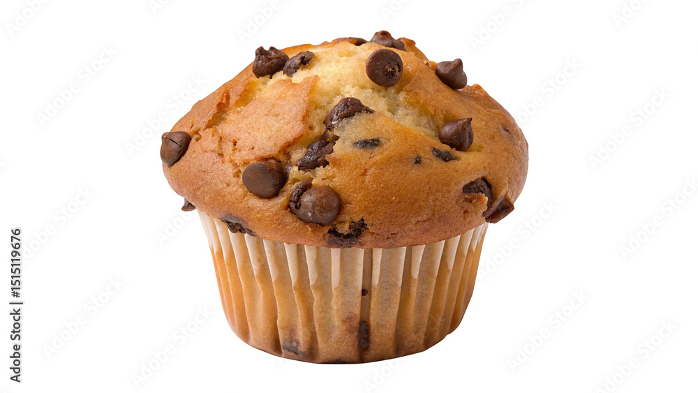 A single chocolate chip muffin in a white paper cup against a plain white background in a studio shot A single chocolate chip muffin in a white paper cup against a plain white background in a studio shot