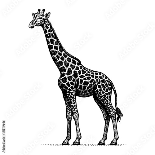 Giraffe sketch engraving black and white outline. Scratch board imitation.
