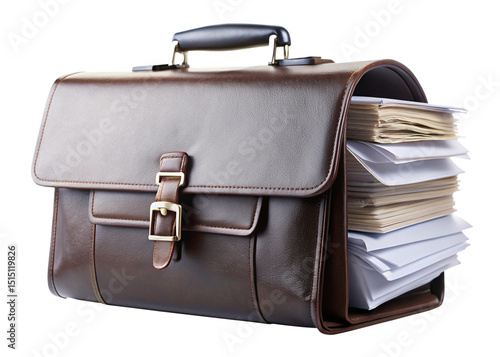 leather briefcase containing papers isolated on white background 