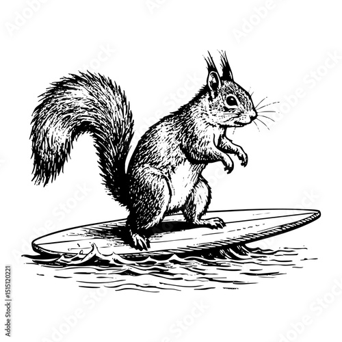 Squirrel surfing sketch engraving black and white outline. Scratch board imitation.  illustrated in vintage line art style on a white background.