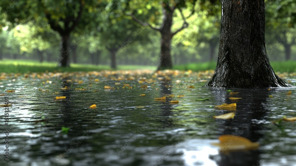 Fototapeta premium Rainy orchard path, fallen leaves