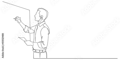 A man writes something on the white board line art style vector illustration