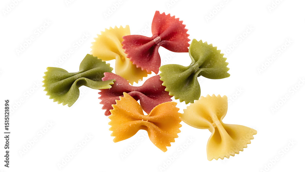 A close up shot of colorful farfalle pasta arranged on a white surface in a studio setting for food photography A close up shot of colorful farfalle pasta arranged on a white surface in a studio setting for food photography