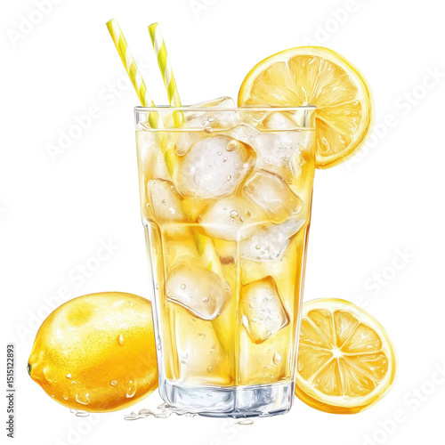 Refreshing lemonade served in a glass with ice and lemon slices on a bright summer day